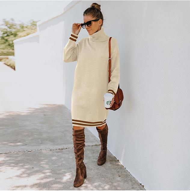 High collar long sleeve knitted dress Sweater Dresses KevenKosh® Apricot XL 