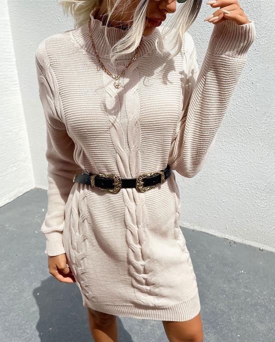 Twisted knit solid half-high neck long-sleeved sweater dress Sweater Dresses KevenKosh® Apricot M 