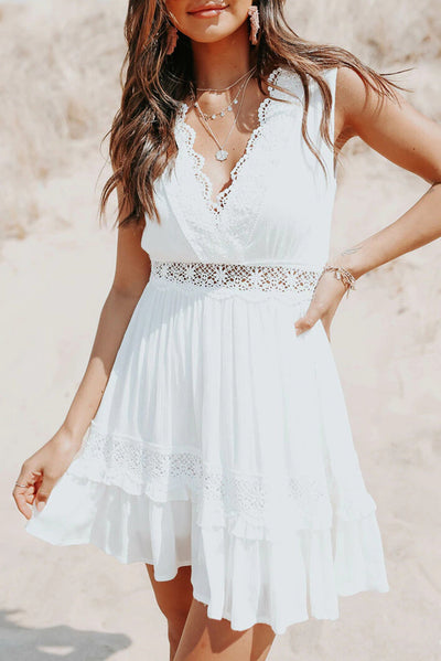 White Lace Crochet Flounce V Neck Sleeveless Mini Dress Mini Dresses KevenKosh® White (US 12-14)L 