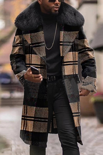 Men's Plaid Woolen Slim-fit Fur Collar Coat Jacket Tops & Tshirts KevenKosh® Khaki (US 8-10)M 