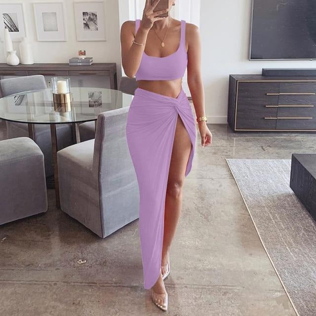Crop Top And Spited Long Skirt Set KevenKosh® Lavender S 