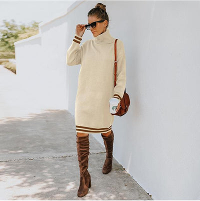 High collar long sleeve knitted dress Sweater Dresses KevenKosh® Apricot S 