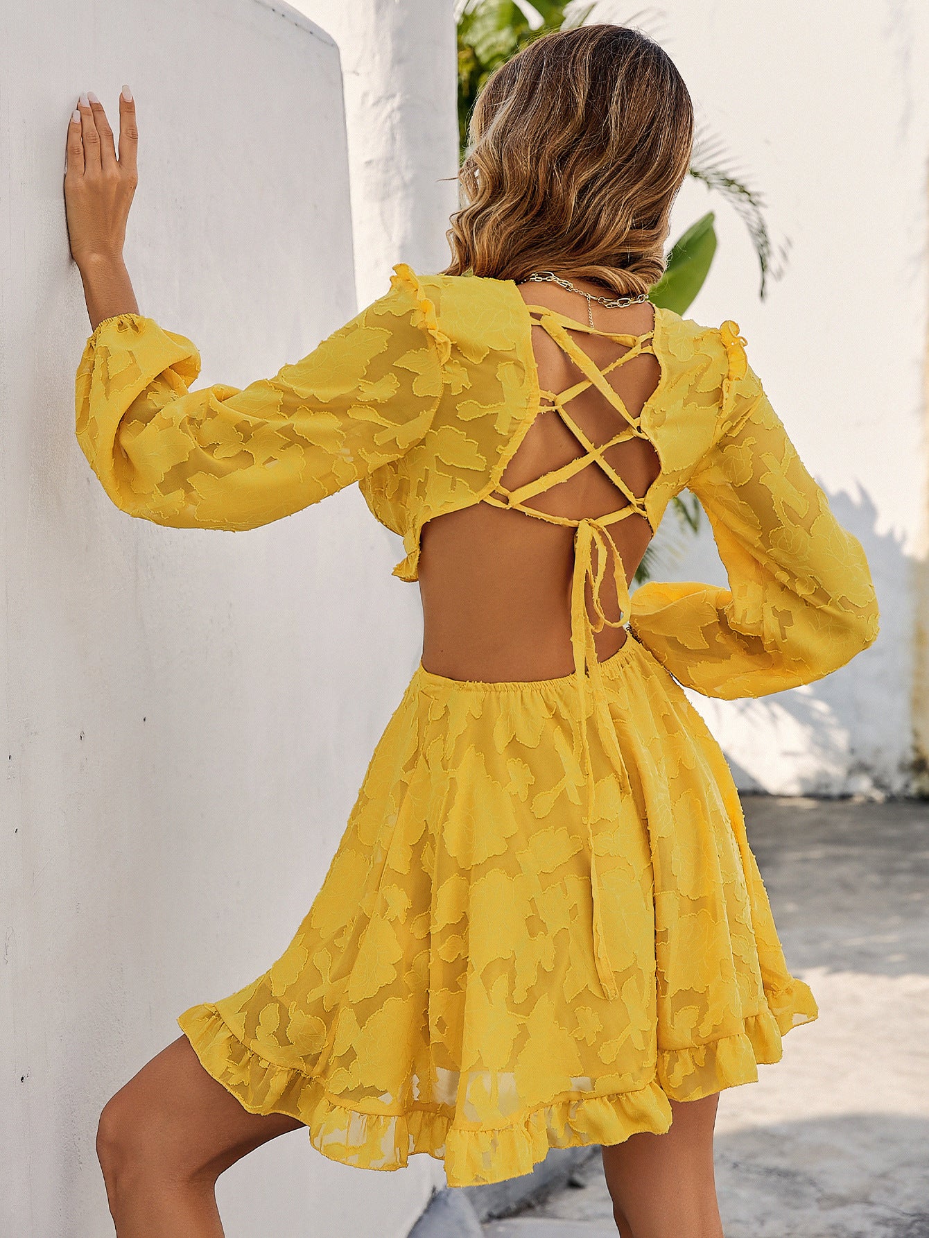 Yellow High Waist Backless Stitching Dress