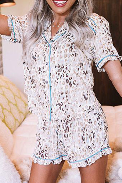 Turn-Down Collar Ruffled Leopard Print Pajama Set