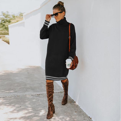 High collar long sleeve knitted dress Sweater Dresses KevenKosh® Black S 