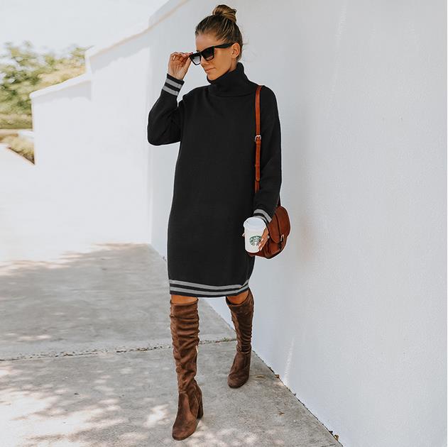 High collar long sleeve knitted dress Sweater Dresses KevenKosh® Black M 