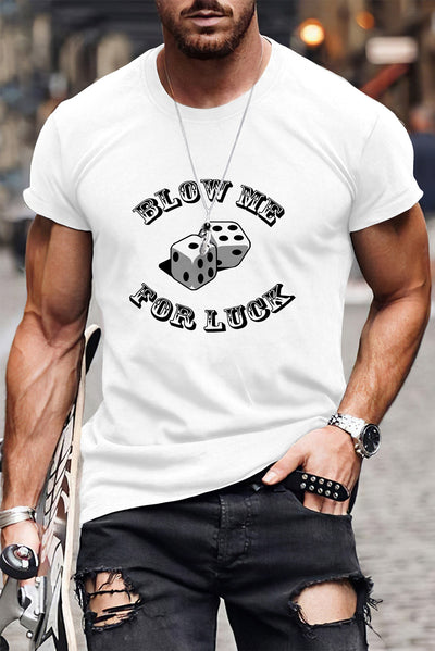 White BLOW ME FOR LUCK Graphic Print Men's T-shirt