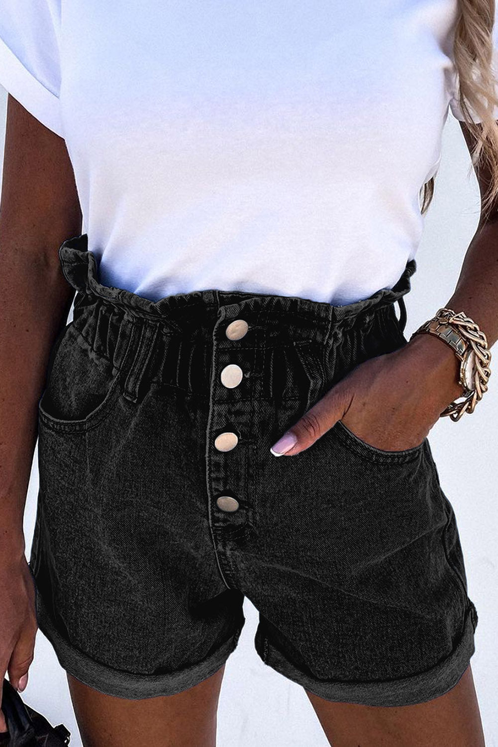Black Ruffled High Waist Buttoned Denim Shorts Jeans KevenKosh® 