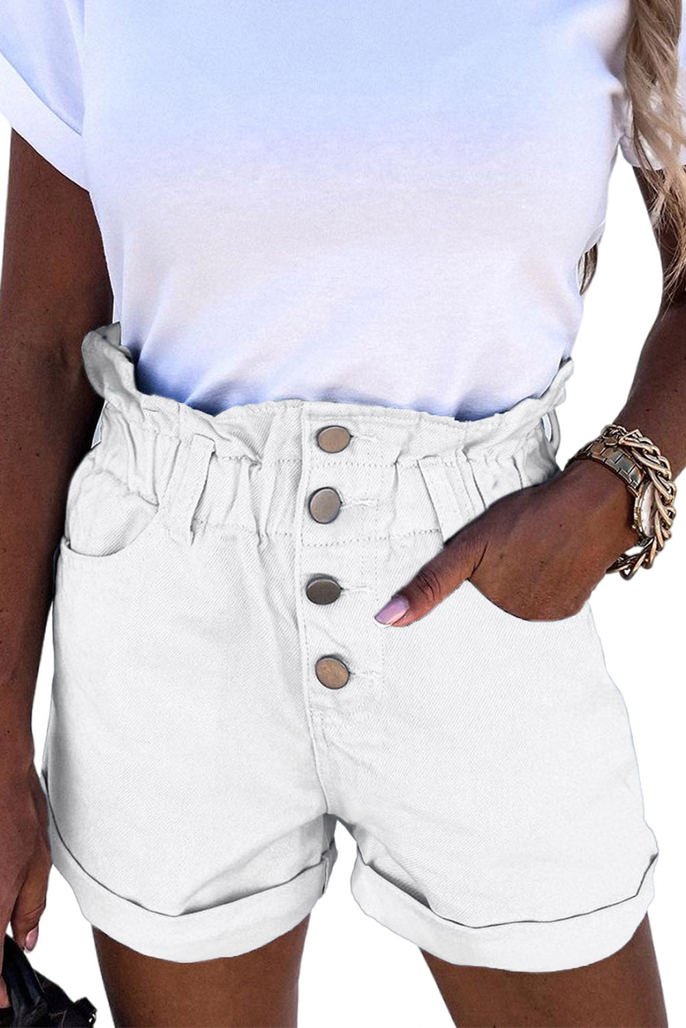 White Ruffled High Waist Buttoned Denim Shorts Jeans KevenKosh® 