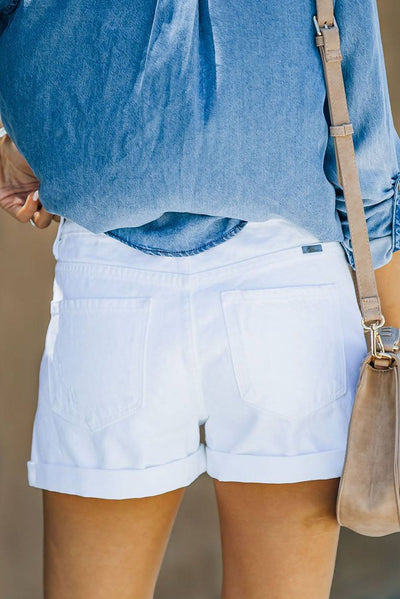White Rolled-up High Waist Distressed Denim Shorts Jeans KevenKosh® 