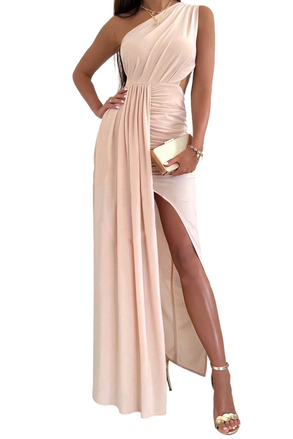 Pleated One-Shoulder Slit Maxi Evening Dress