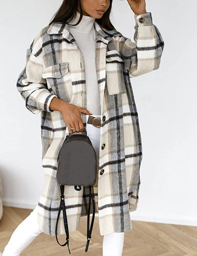KevenKosh® Long Flannel Plaid Coat For Women