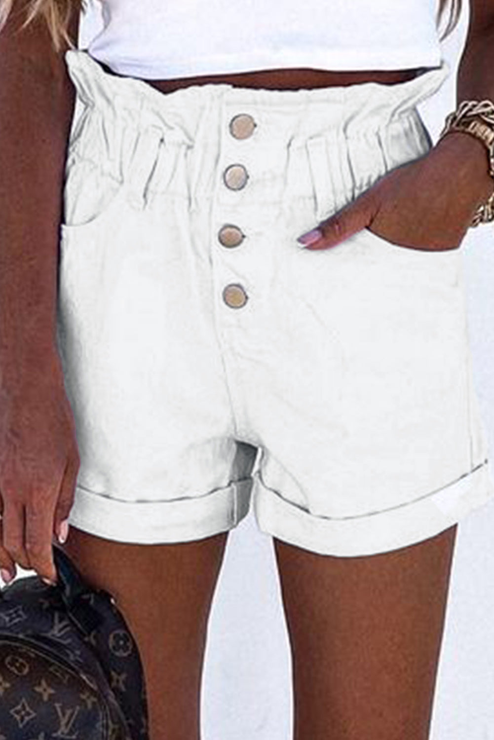 White Ruffled High Waist Buttoned Denim Shorts Jeans KevenKosh® 
