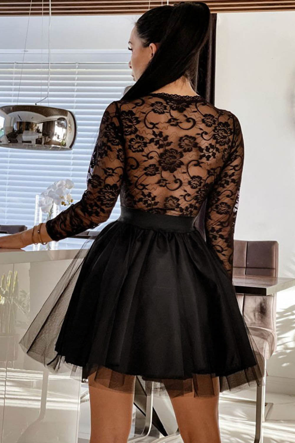 Black Sheer Lace Flare Sleeve High Neck Mini Dress