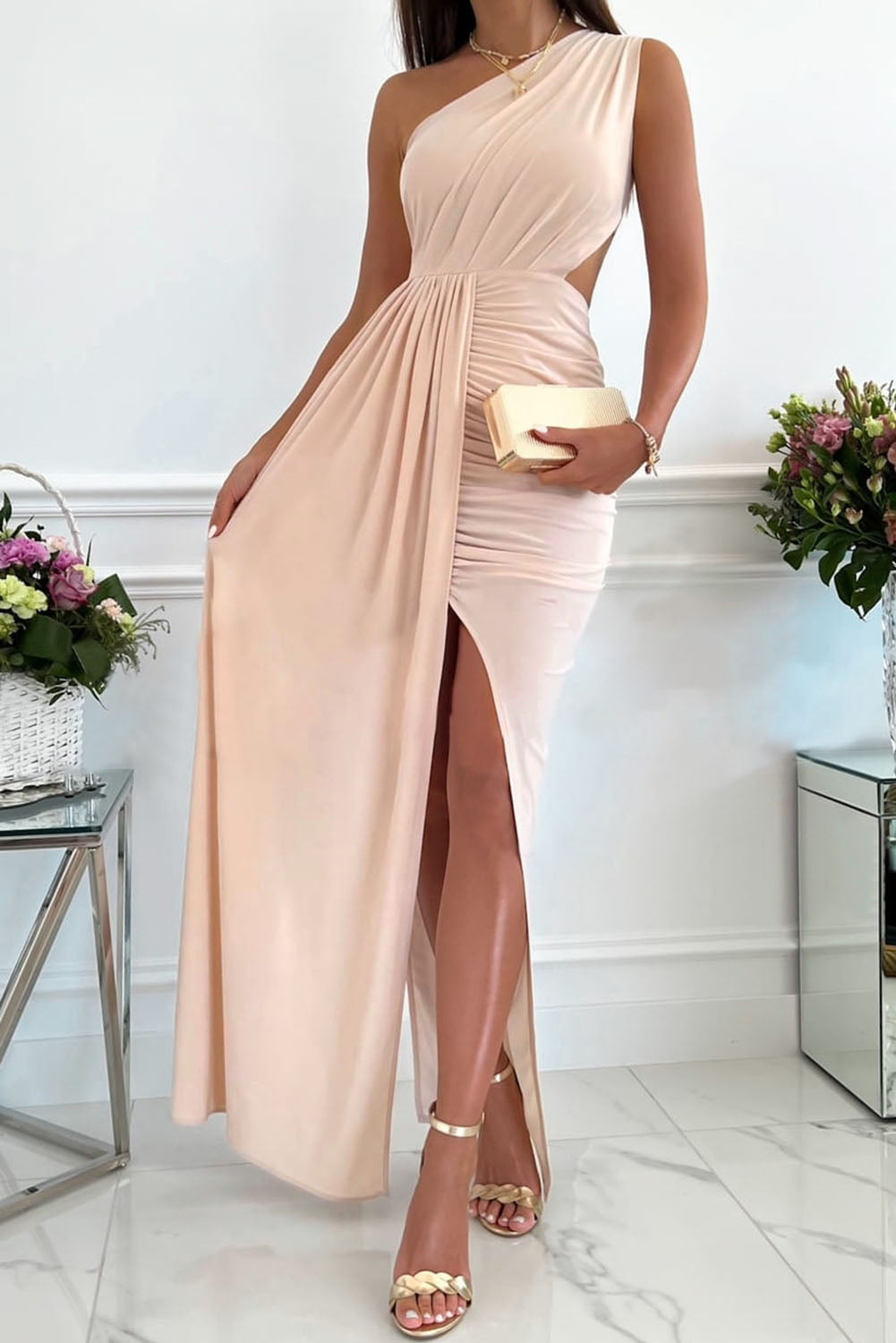 Pleated One-Shoulder Slit Maxi Evening Dress