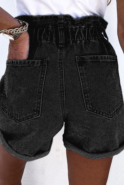 Black Ruffled High Waist Buttoned Denim Shorts Jeans KevenKosh® 