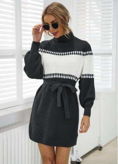 Knitted dress half high collar Lantern Sleeve color contrast Sweater Dresses KevenKosh® Black S 