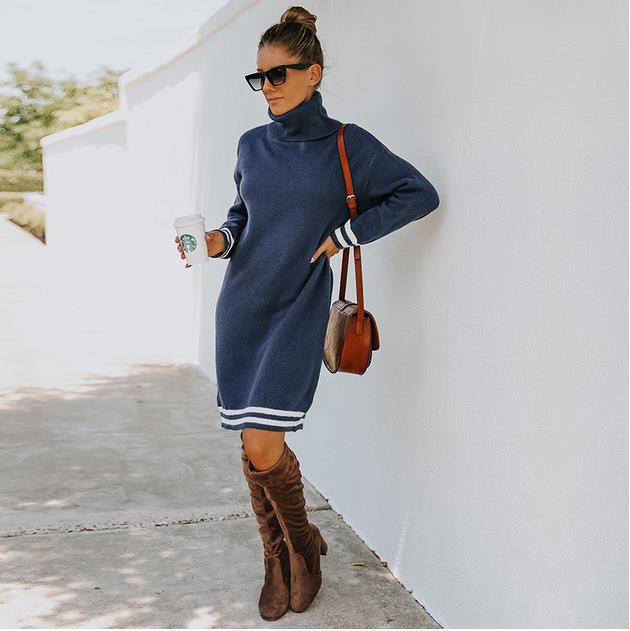 High collar long sleeve knitted dress Sweater Dresses KevenKosh® Blue XL 