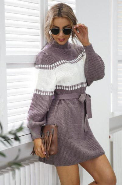 Knitted dress half high collar Lantern Sleeve color contrast Sweater Dresses KevenKosh® Purple S 