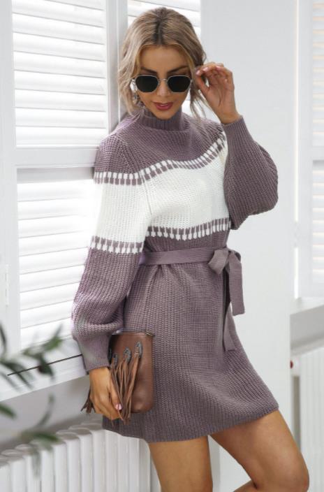 Knitted dress half high collar Lantern Sleeve color contrast Sweater Dresses KevenKosh® Purple XL 