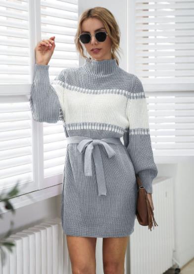 Knitted dress half high collar Lantern Sleeve color contrast Sweater Dresses KevenKosh® Gray L 