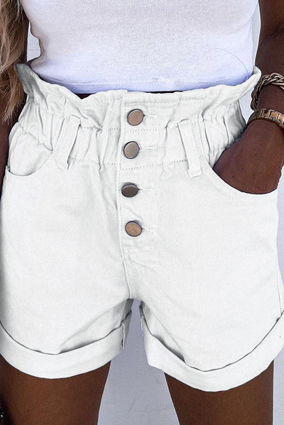 White Ruffled High Waist Buttoned Denim Shorts Jeans KevenKosh® White (US 16-18)XL 