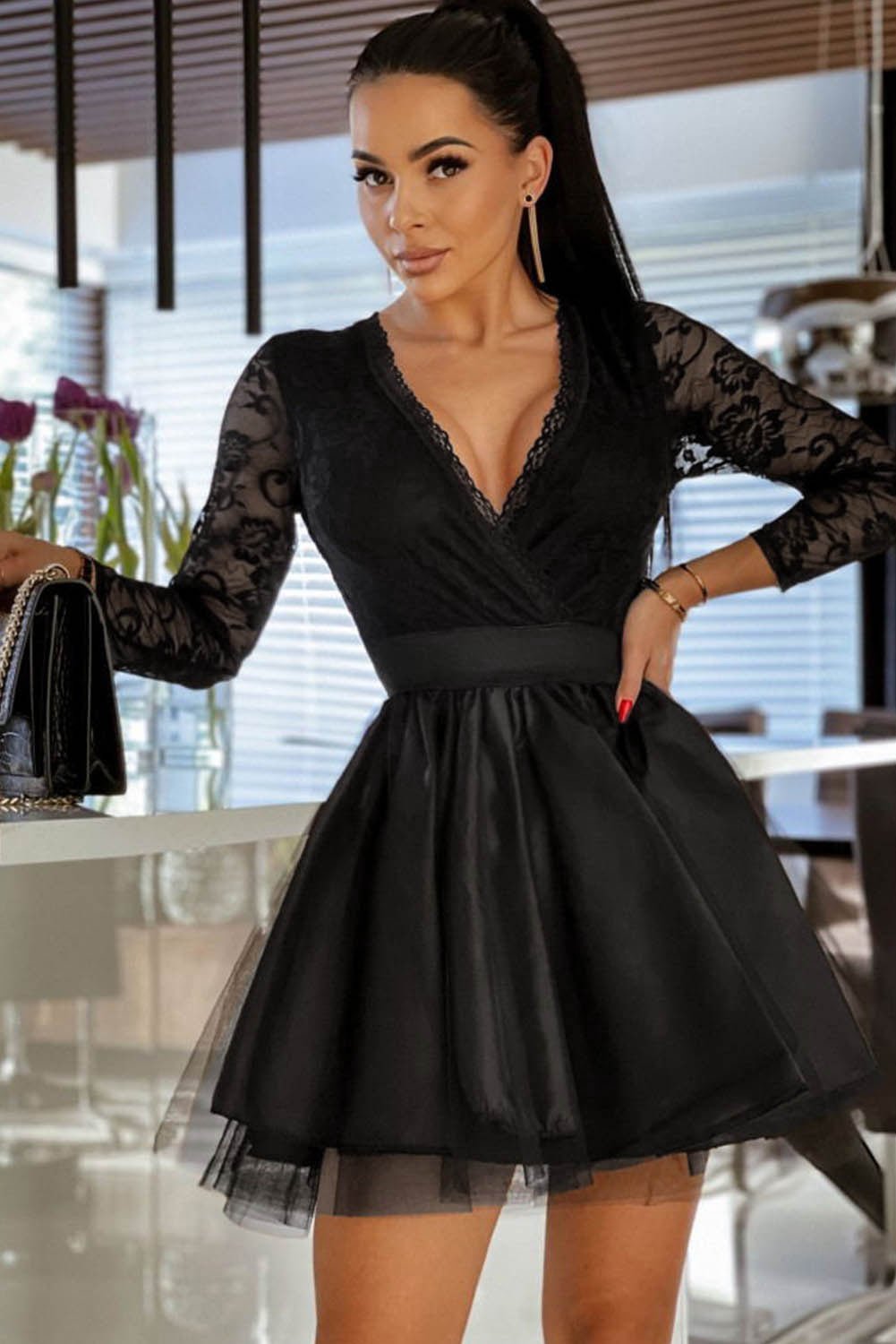 Elegant Mesh Lace Flare Mini Dress Keven Kosh Elegant Mesh Lace Flare Mini Dress Keven Kosh