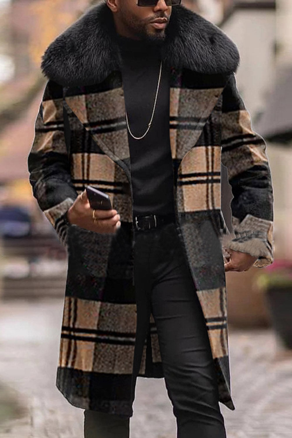 Men's Plaid Woolen Slim-fit Fur Collar Coat Jacket Tops & Tshirts KevenKosh® Khaki (US 18-20)2XL 