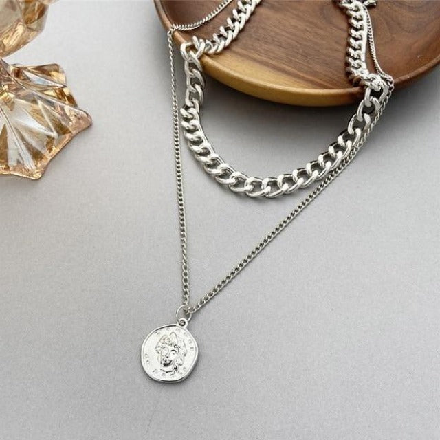 Vintage Multi-layer Coin Chain Choker Necklace KevenKosh® Silver 