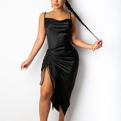 Ruched Satin Summer Dress KevenKosh® Black L 