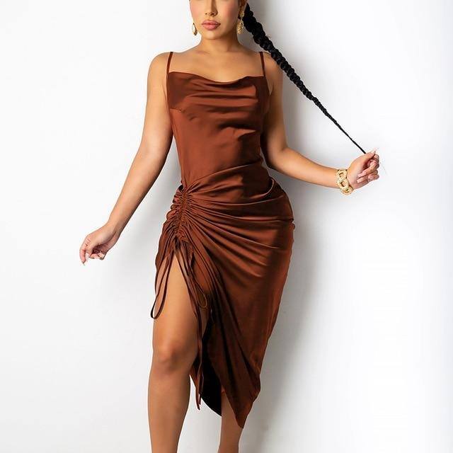 Ruched Satin Summer Dress KevenKosh® Brown L 