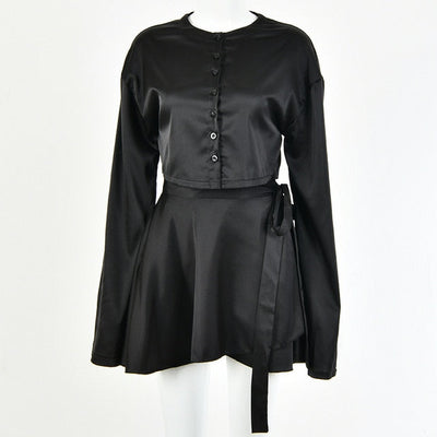Casual Satin Two Piece Dress Set KevenKosh® Black Suit S 