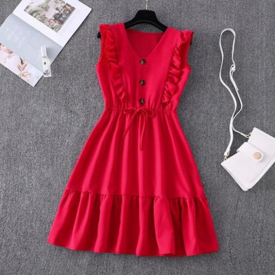 Casual Butterfly Sleeve Summer Ruffle Dress KevenKosh® Red M 