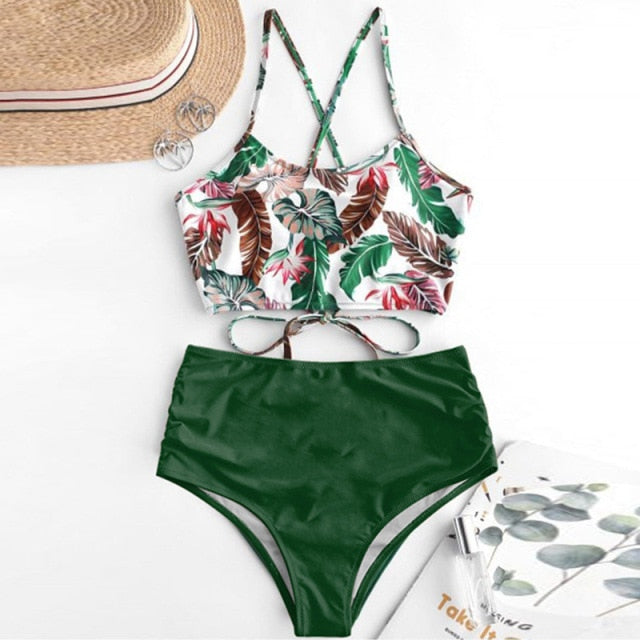 High-waist Swimsuit Bikini KevenKosh® Green Leaf M 
