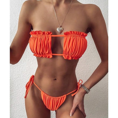 Pleated Bandeau Swimsuit Bikini Set KevenKosh® Orange S 