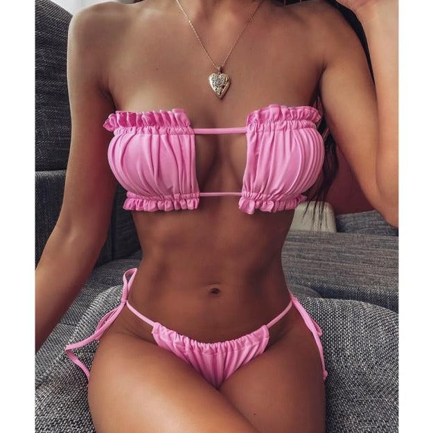 Pleated Bandeau Swimsuit Bikini Set KevenKosh® Light Pink S 