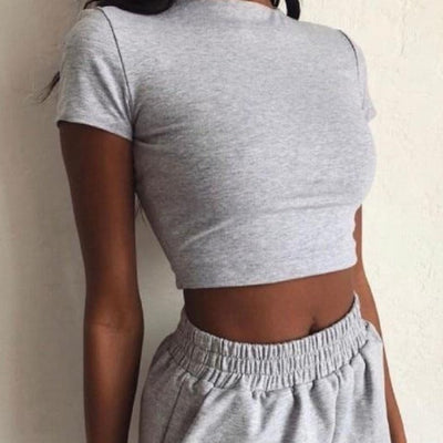 Casual Crop Top And Shorts 2 Piece Set KevenKosh® Gray M 