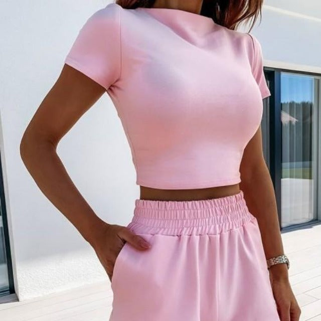 Casual Crop Top And Shorts 2 Piece Set KevenKosh® Pink M 