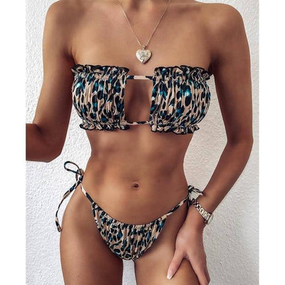 Pleated Bandeau Swimsuit Bikini Set KevenKosh® Brown Print S 