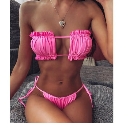 Pleated Bandeau Swimsuit Bikini Set KevenKosh® Pink L 