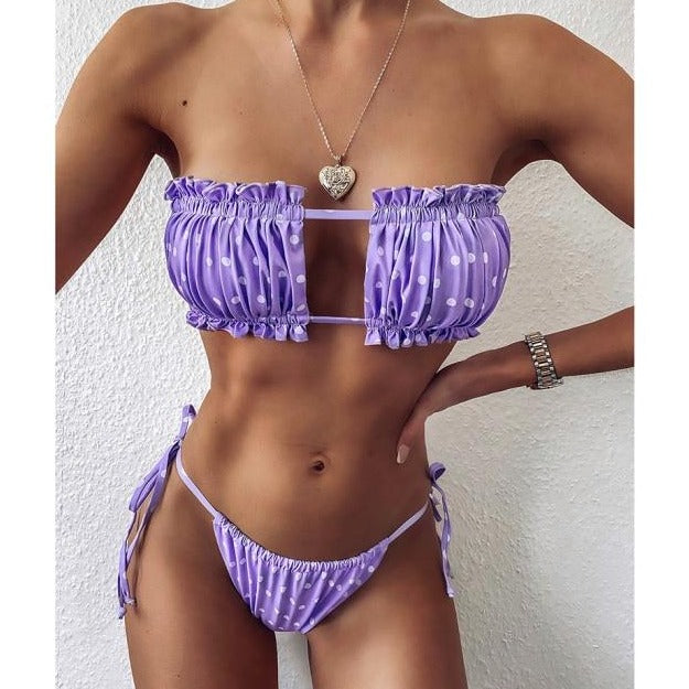 Pleated Bandeau Swimsuit Bikini Set KevenKosh® Purple Dot S 