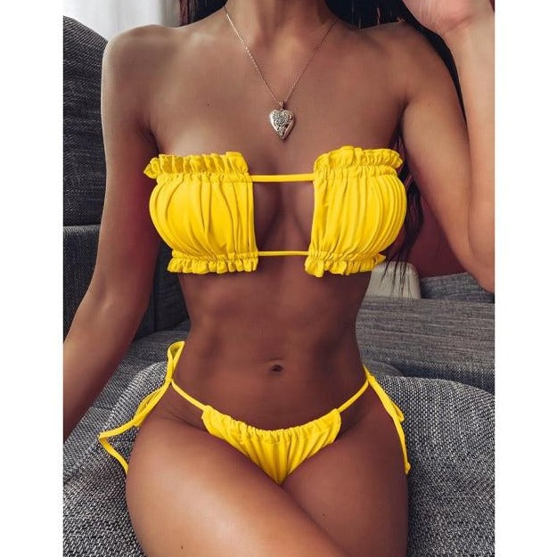 Pleated Bandeau Swimsuit Bikini Set KevenKosh® Yellow S 