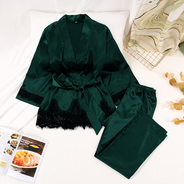 Home Suit Satin Sleepwear KevenKosh® Lace Green S 