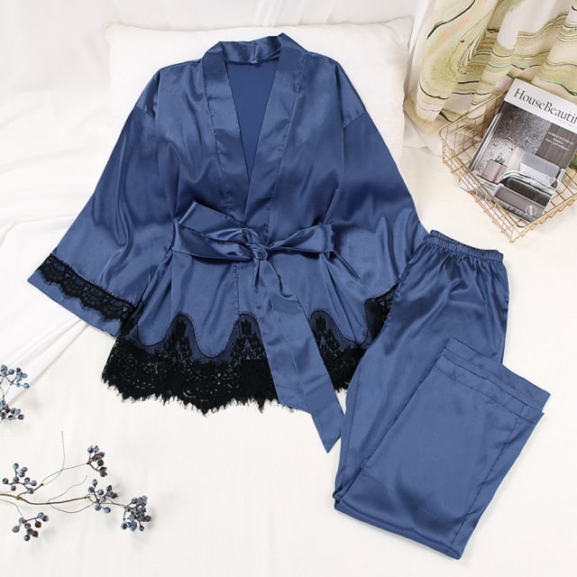 Home Suit Satin Sleepwear KevenKosh® Lace Blue S 