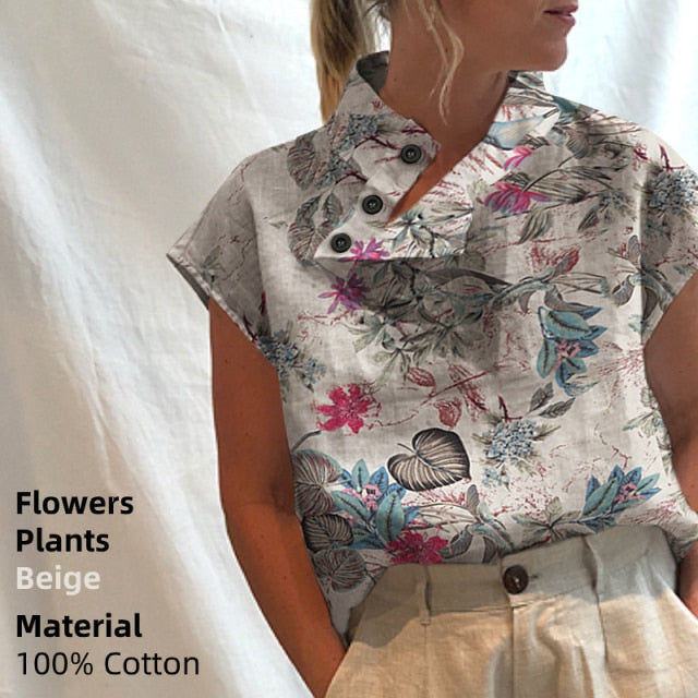Casual Oversized Cotton Short-sleeve Tunic Top KevenKosh® XL Flower Beige 