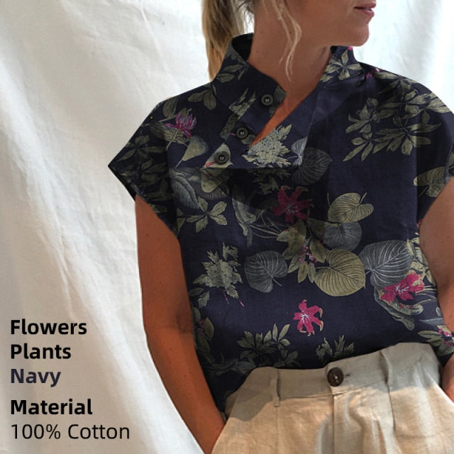 Casual Oversized Cotton Short-sleeve Tunic Top KevenKosh® M Flower Navy 