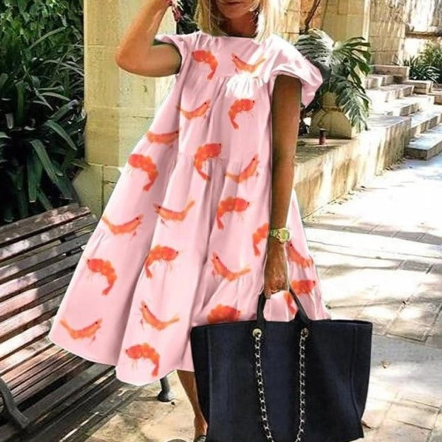 Retro Loose O-neck Short-sleeve Dress KevenKosh® Pink Shrimp XL 