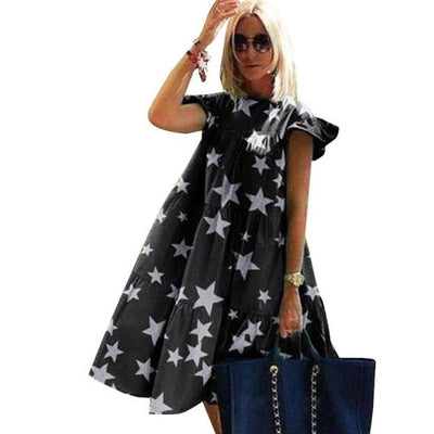 Retro Loose O-neck Short-sleeve Dress KevenKosh® Star XL 
